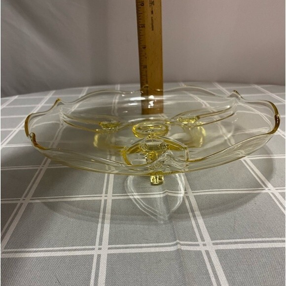 Vtg 1930s Yellow Topaz 10” Jubilee 3 Footed Cake Plate Lancaster Depression Glas - Picture 7 of 7
